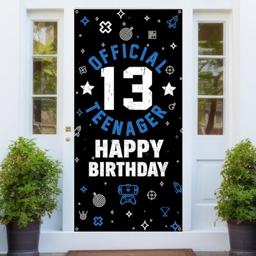 PHXEY Happy 13th Birthday Decoration for Boys Girls, Fabric Official Teenager Backdrop Banner Blue White, 13 Year Old Birthday Party Yard Sign Photo Props Door Decor Supplies for Outside Inside