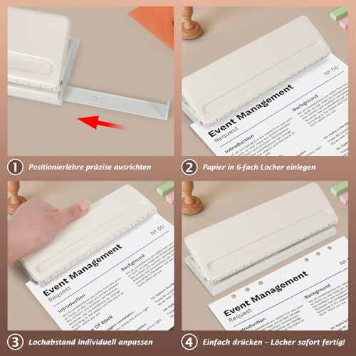 Verstellbarer 6-Loch-Locher aus Metall, A5 A6 A7 6-Ring-Locher mit Positionierungsmarkierung, 6 Blatt-Kapazitäten für Tagesplaner, Personal, Agenda, Binder Nachfüllseiten (Weiß)