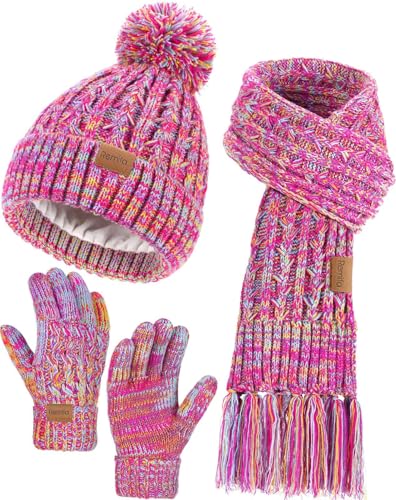 Remifa Kids Winter Hat Gloves Scarf Set, for Girl Boy Toddler w/Fleece Lined Pom Beanie Warmer Scarf Mittens