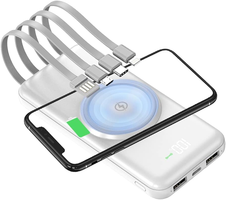 15800mAh Wireless Portable Charger Power Bank with Built in 4 Cable, 6 Outputs & 3 Inputs Fast Charging External Power Delivery USB-C Battery Pack, Compatible with iPhone, Samsung, AirPods and More