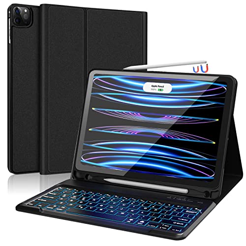 D DINGRICH iPad 12.9 Pro Case with Keyboard (6th Generation 2022, 5th Gen 2021) - Apple Pencil Holder, Magnetic Rechargeable Backlit Removeable Keyboard, Auto Sleep & Wake - Black