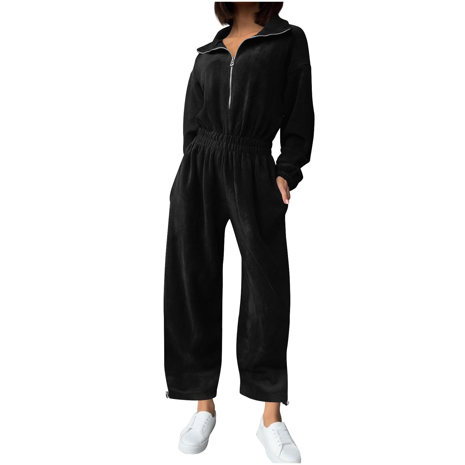Jumpsuits for Women Casual Hoodie Long Sleeve Zip Up Sweatshirts Loose Plush Sweatpants One Piece Romper Outfit