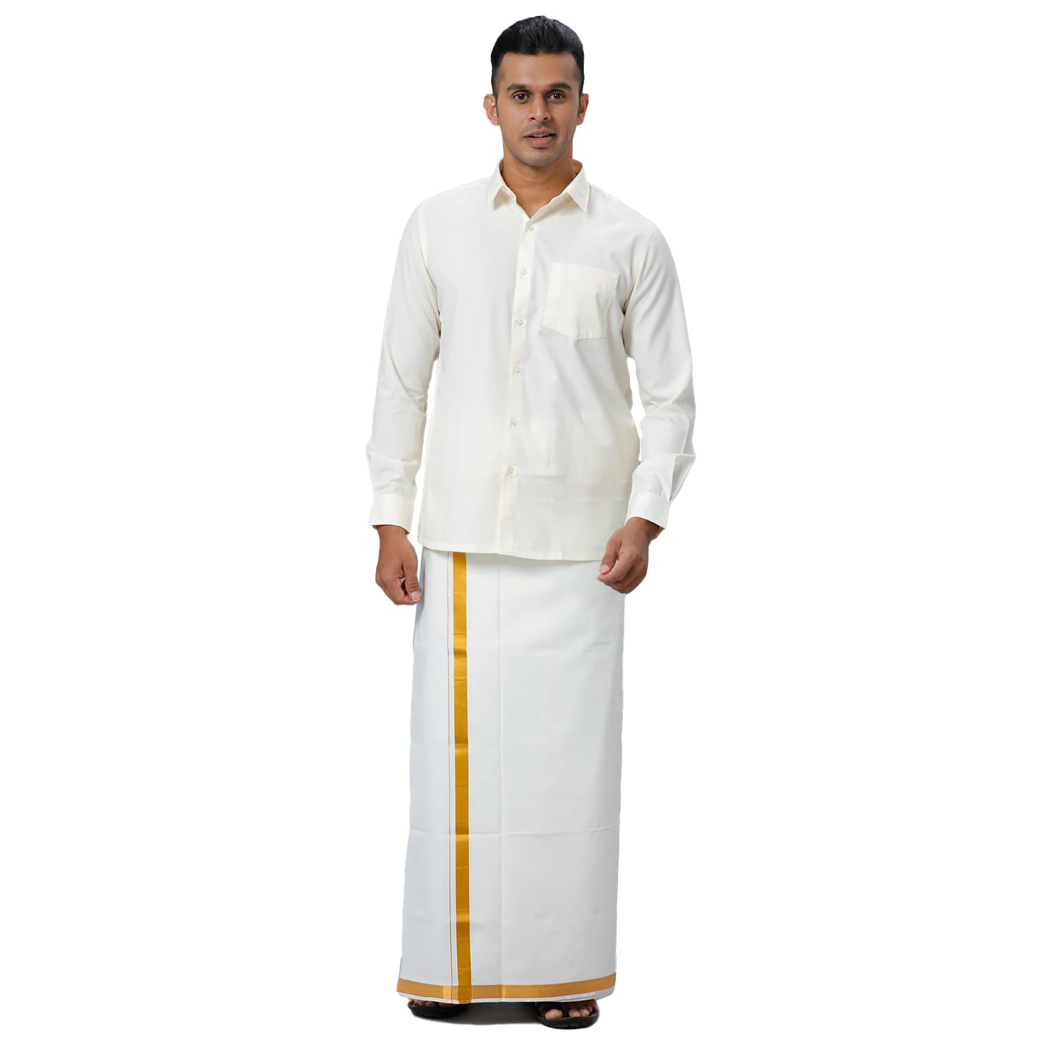 Men’s Cream Pure Cotton Shirt with Double Dhoti (Gold Jari Border)