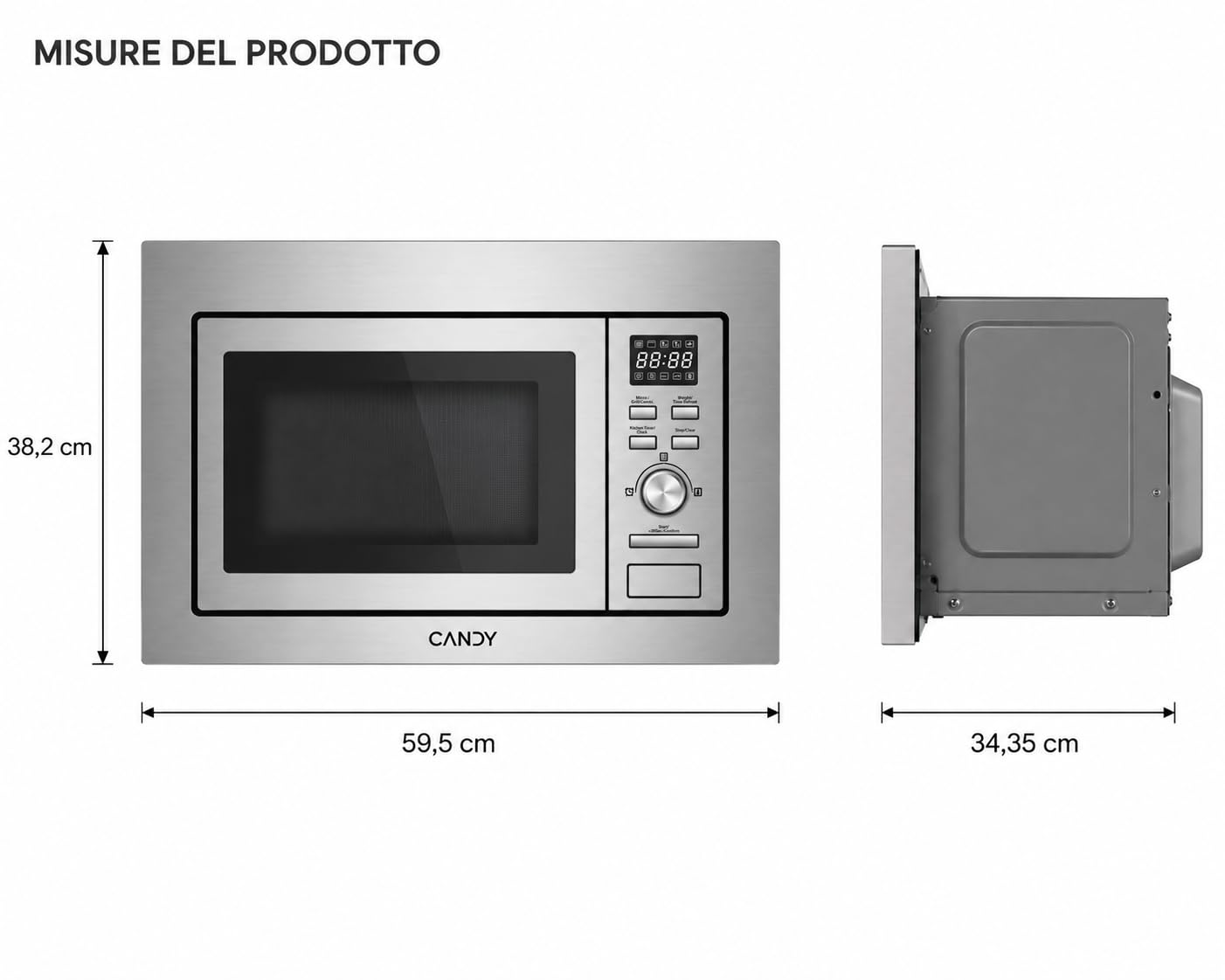 Candy Wave 600 Microonde da Incasso, 20 Litri, 7 programmi, 5 livelli di potenza, Grill, ricette su App hOn AxLxP 38,2x59,5x34,4 cm, Acciaio Inox - CA20FMW7NG