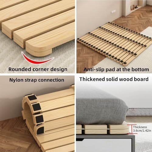 Foldable Solid Wood Floor Bed Frame, Roll-Type Slatted Futon Frame for Bedrooms, 78.7" x 59.1" Mattress Support, Space-Saving Design, Easy Assembly