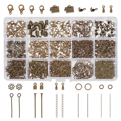 PH PandaHall About 870 Pcs Jewelry Finding Kits with Lobster Claw Clasps, Jump Ring, Ribbon Clamp End, Earring Hook, Flower Bead Cap, Cord End, Eye Pin, Head Pin, Extender Chain, Tip Knot, Drop End