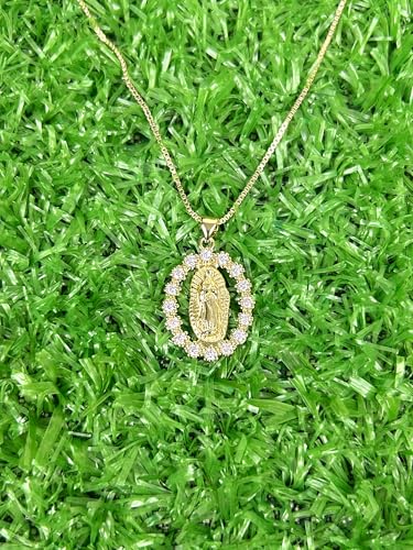 Model wearing Virgin Mary necklace