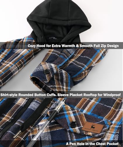 Image of V VALANCH Men's Flannel Shirt Jacket with Hood Fleece Lined Plaid Jacket Zip Up Winter Warm Coat
