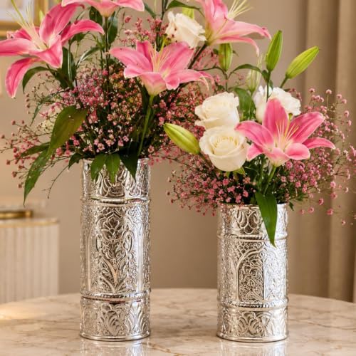 Image of Cylindrical Shape Aluminum Flower Vase for Home Decor, Traditional Embossed Metal Flower Pot for Office Table Decorations,Gift for Festival, 9 inches, German Silver (Large)