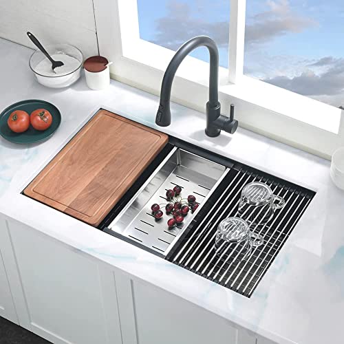 27 Inch Undermount Workstation Sink Black, Boomhoze 27X19 Black Single Bowl Undermount Kitchen Sink 16 Gauge Stainless Steel Kitchen Sink Deep Bar Prep Sink With Accessories #TOP1