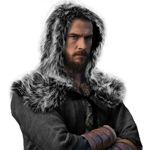 Viking Fur Hooded shawl for Men - Medieval Faux Fur Cloak with Hood Nordic Warrior Costume Accessory Halloween LARP Cosplay (Gray A)