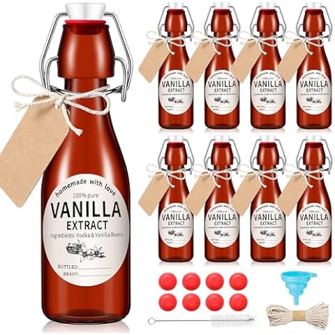 Vesici 12 Sets Swing Top Glass Bottles Set Vanilla Extract Bottles with Stoppers Stickers Caps Bottle Brush Funnel Rope Labels Amber Homemade Vanilla Extract Bottles for Christmas Party (8 oz) Cover