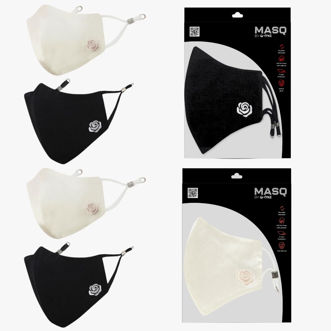MASQ Rose 4 Layer, Reusable, Breathable, Anti-Bacterial (BFE>99%) Embroidered 100% Pure Cotton Cloth Face Mask Combo with Ear Adjusters for Women, Girls (Black & White, Pack of 4)-picture-4