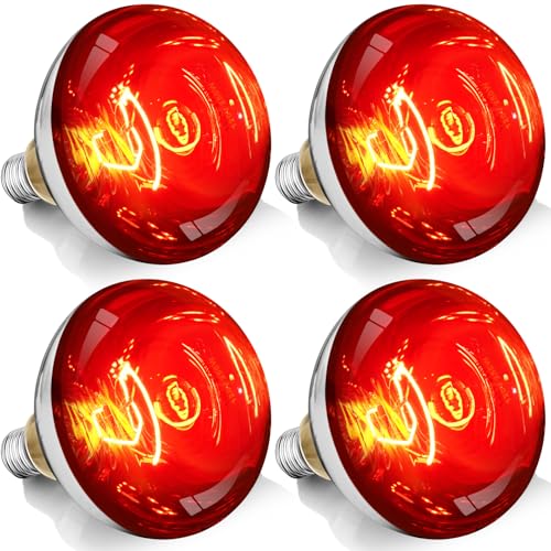 VORIGY 250W R40 Red Heat Lamp Bulbs, 8000 Hours Rated, Infrared Flood Light, Brooder Heating Lamp for Chickens, Reptiles, Pets, Bathroom, E26 Base - 4 Pack by VORIGY - Used condition - US$29.02