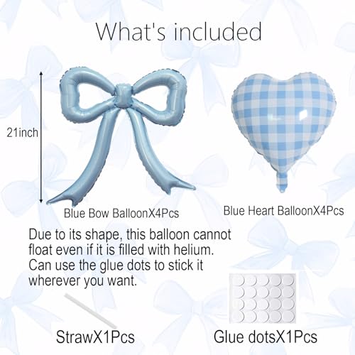 Dusty Blue Bow Foil Balloons Set – 4PCS Blue Coquette Party Balloons for Girls Birthday, Princess Baby Shower, Beach Bridal Shower,Gingham Birthday Decor, Bow-Themed Party Decorations by BlissBash - Used condition - Image 2