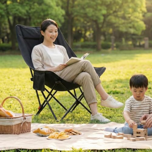 Image of Foldable Camping Moon Chair with High Back - Lightweight Portable Outdoor Folding Chair with Carry Bag & Side Pocket - Heavy Duty X-Frame for Balcony, Garden, Hiking & Travel (Black) (Black)