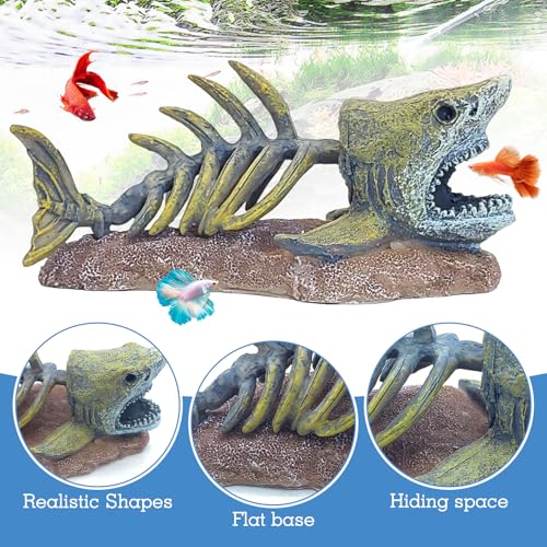 Image of kathson Fish Tank Decorations Resin Shark Skeleton Aquarium Decor Reptile Tank Accessories Ornament Fish Bone Hideout for Shrimp Lizards Geckos Spiders