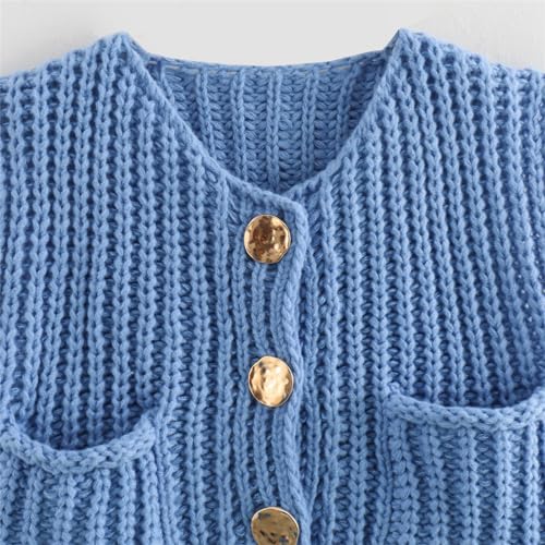 Image of KEOMUD Women Sleeveless Crop Knit Cardigan Casual Button Down Open Front Sweater Vest with Pockets Lightblue Medium