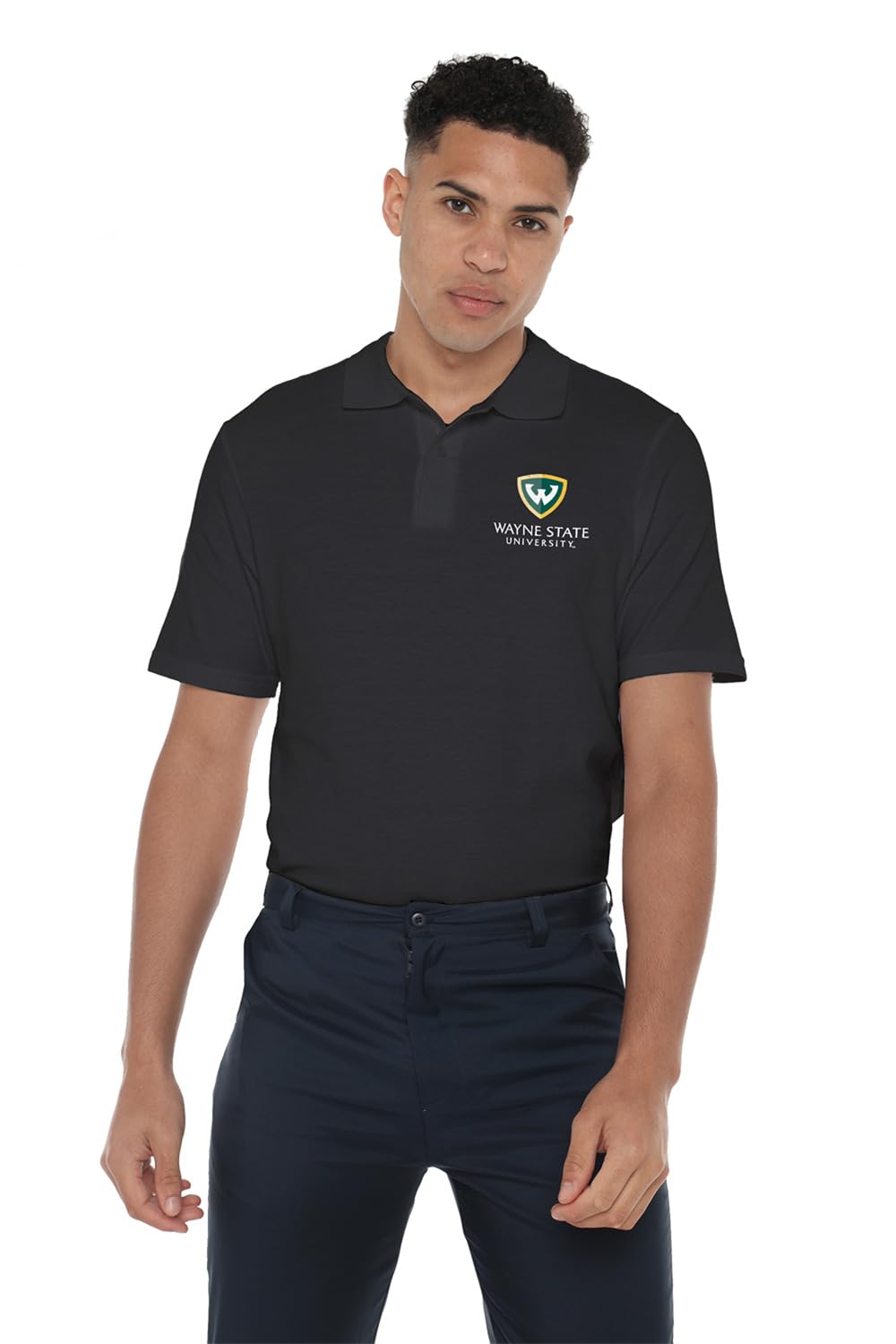 Campus Lab Wayne State University Primary Logo Men's Adult 100% Cotton Knit Polo Shirt, Black, Large