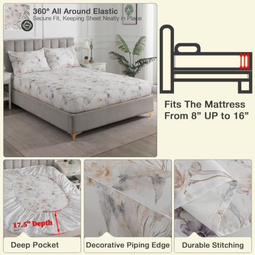 Image of Vintage Brown Floral Percale Bed Sheets Full Size Deep Pocket 4Pcs | 100% Cotton White Flower Sheet Set, Blooms Printed Shabby Chic Sheets, Cottagecore Luxury Bedding, Farmhouse, Soft Crisp