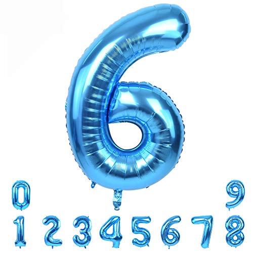 Image of TONIFUL 40 Inch Blue Number 6 Balloons Large Foil 6th Birthday Decorations