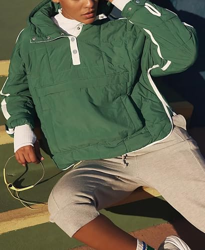 HangNiFang Women's Cozy Green Oversized Quilted Pullover Puffer Jacket with Hood and Pockets - Image 5