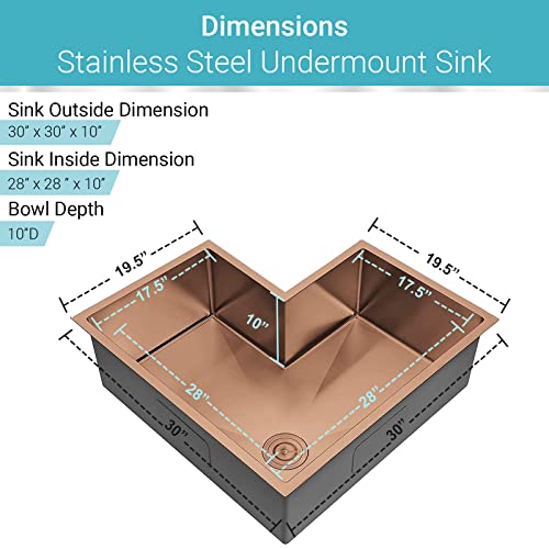 Strictly Sinks 30 Inch Corner Kitchen Sink – Copper Single Bowl 16 Gauge Stainless Steel Shelf Accessory ½ Inch Radius – With Scratch & Stain Resistant Bottom Protector Grid #TOP5