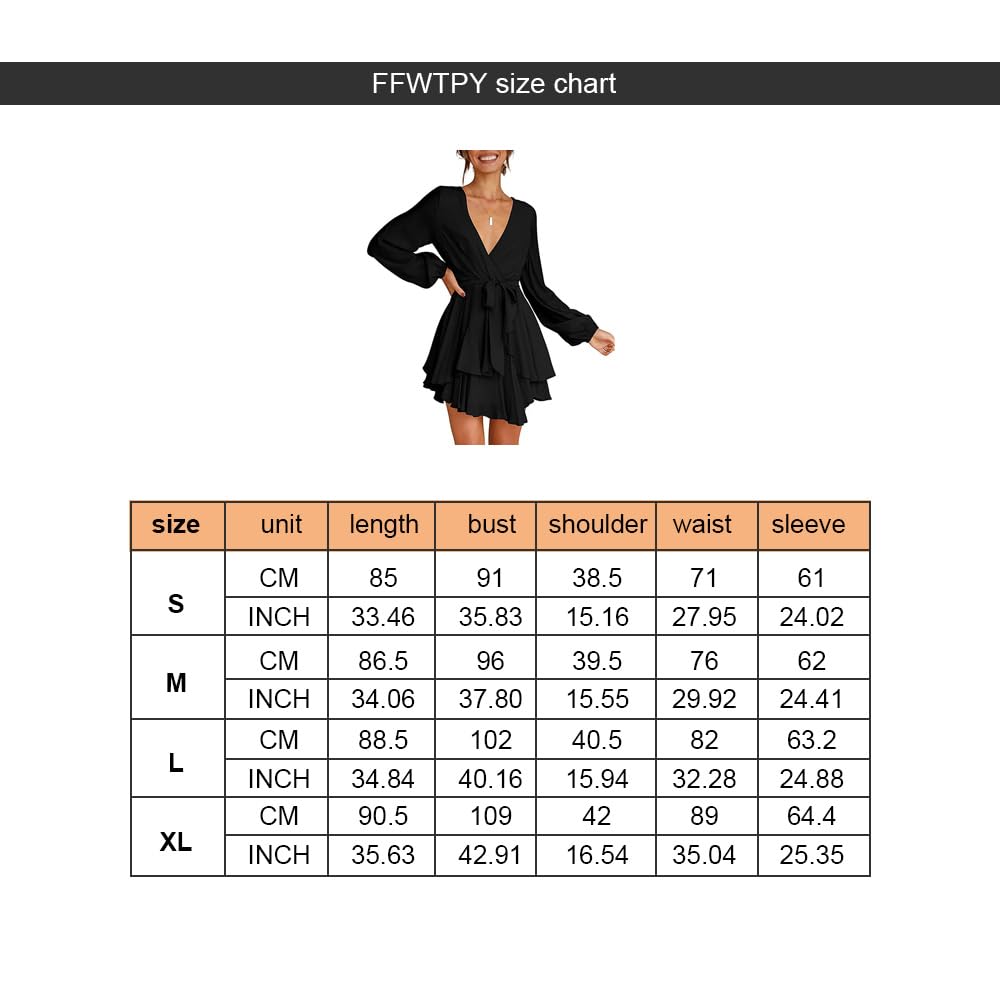 Vestito Donna Corto Mini Abito con Profondo Scollo a V Maniche Lunghe Sexy Miniabiti Swing Abito da Skater Casual Discoteca Cocktail Clubwear con Cintura