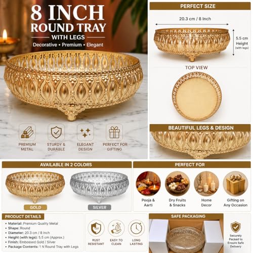 Image of Gold Finish Decorative Tray with Legs for Home Decor, Metal Serving Tray, Vintage Embossed Round Puja Thali, Centerpiece Bowl for Coffee Table, 8 Inch Decorative Tray for Gifting (Only Tray Included)