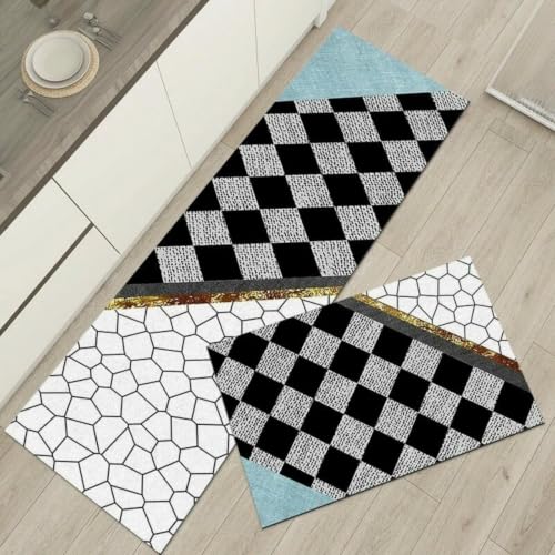 Tapis cuisine bleu noir antidérapant lavable devant evier