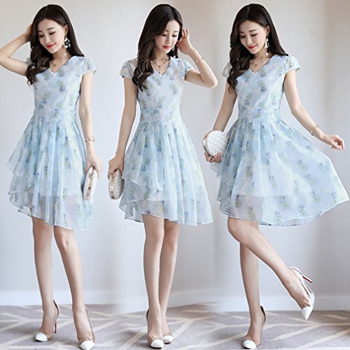 Robe en mousseline de soie fleurie GUO bleue XL à manches courtes