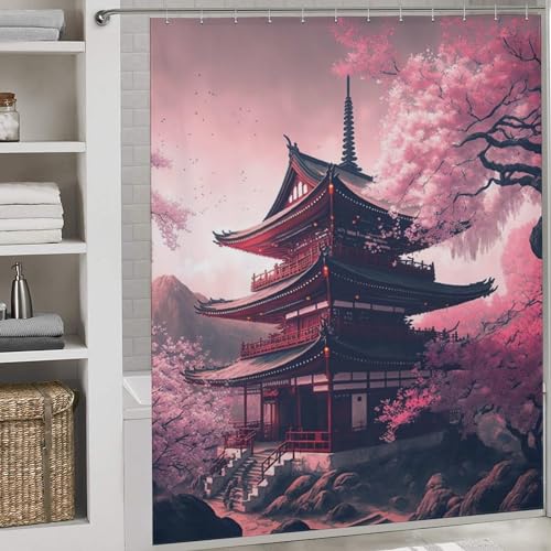 PAZZK Japanese Temple Shower Curtain Resistant Waterproof Bathroom Curtains with 12 Hooks Quick-Drying Polyester Shower Curtains for Bathroom Wet Room Tub 72x72Inch (183x183cm)