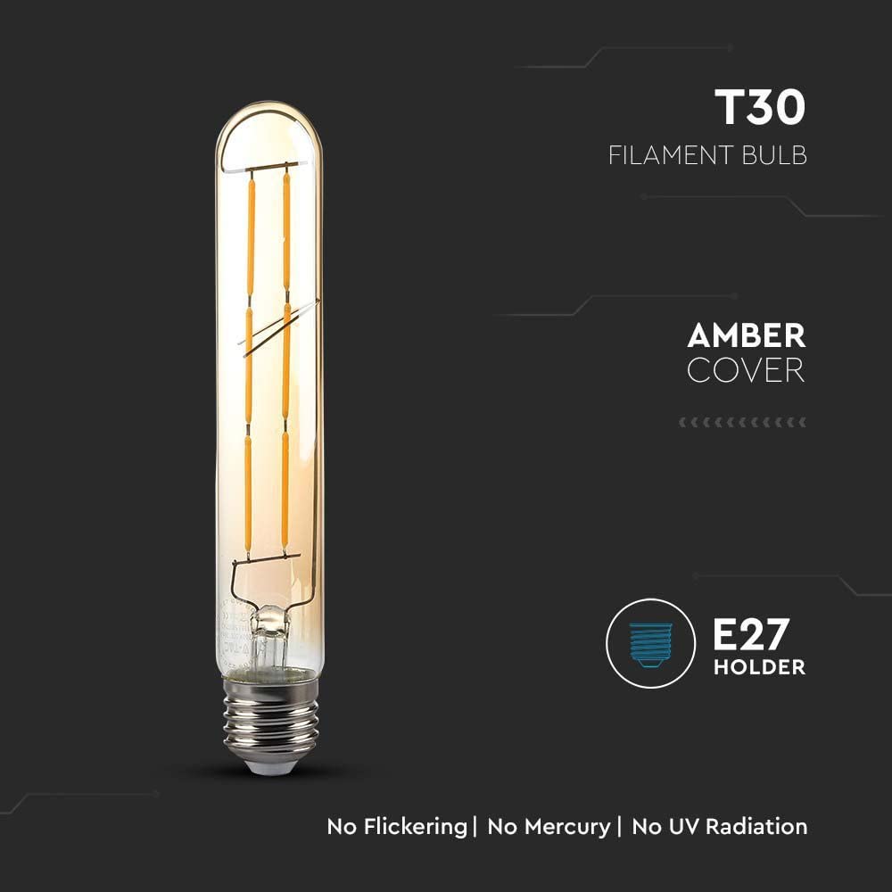 V-TAC Bombilla LED de filamento ámbar T30 con casquillo E27-6 W (Equivalentes a 45 W) – 100 lúmenes – Bombillas vintage cristal – Máxima eficiencia y ahorro energético – 2200 K blanco cálido