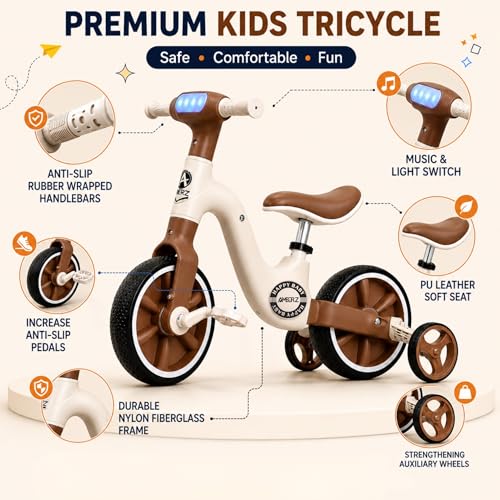 Image of Stardust 3-in-1 Tricycle for 2-5 Years - Kids Cycle for Boy & Girl - Convertible Balance Bike & Bicycle with LED Light, Music & Foldable Training Wheels - Ride On Toy (Brown)