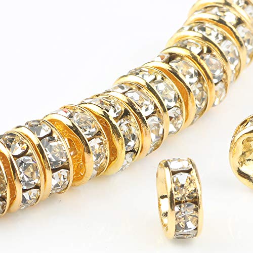 Rondelle Spacer Beads for Jewelry Making, Rhinestone Spacer Beads Crystal Bead Spacers for Jewelry Making, Bracelets (200pcs Gold Plated/White, 6mm)
