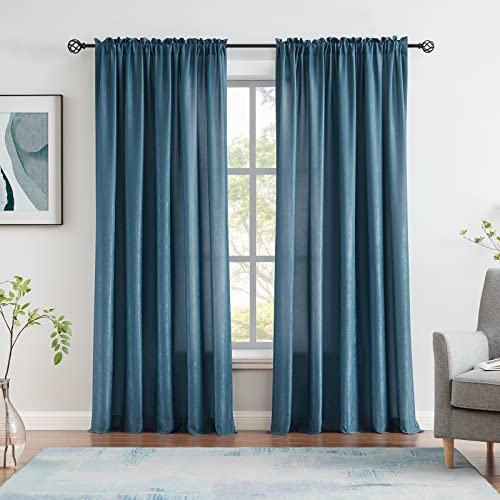 Melodieux Dark Blue Velvety Semi Sheer Curtains 84 Inch Length for Bedroom, Living Room Natural Cotton Texture Rod Pocket Window Sheer Drapes, 52 by 84 Inch (2 Panels) by Melodieux - Used condition - CA$7.56