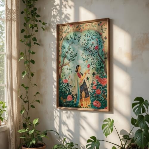 Image of Livin'luxe Vintage Garden Lady Wall Art with Wooden Frame | Floral Nature HD UV Laminated Print on MDF | Elegant Indian Woman Painting for Living Room Bedroom Decor