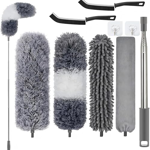 Feather Duster,Extendable Bendable Washable Cobweb Brush with Extension Pole Up to 100'', Long Feather Duster for Cleaning Ceiling Fan,High Ceiling,Furniture (9PCS SET)