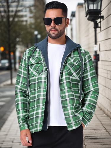 TATT 21 Men's Quilted Lined Shirt Jacket Drawstring Hooded Zipper Padded Plaid Shacket Dark Green L - Image 4