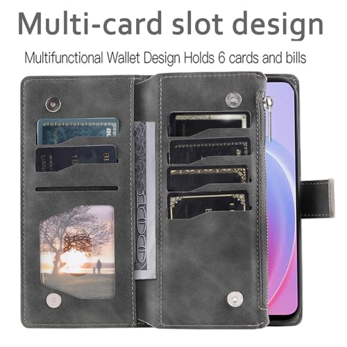 Phone Case for OPPO Realme 9i 4G/A76 4G/A96 4G/A36 4G Wallet Cover With Tempered Glass Screen Protector and Wrist Strap Mandala Flower Leather Flip Zipper Credit Card Holder Stand Cell Women Grey - Image 4