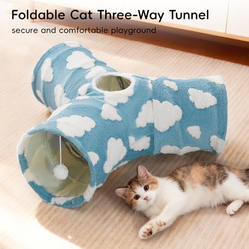Image of Tempcore Flannel Cat Tunnel for Indoor Cats, 3 Way Collapsible Pet Play Tunnel with Teaser Wand, Peek Holes & Hanging Ball, Interactive Tube for Kittens & Rabbits, Blue Cloud