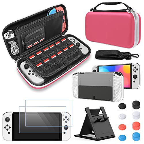 Coque pour Switch OLED rose avec kit accessoires de protection et case de voyage