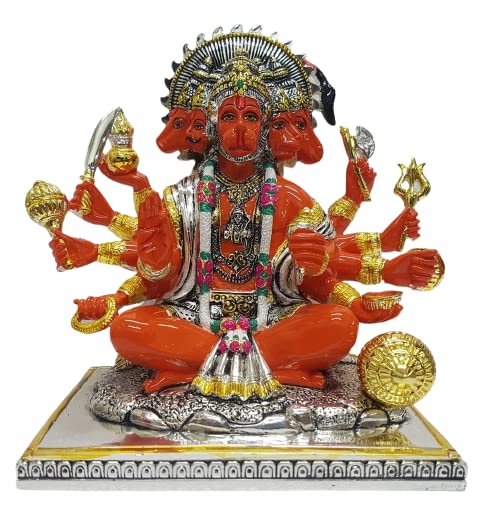 Image of Gold Art India Gold and Silver Plated Panchmukhi Hanuman Idol | Bajrang Bali Murti for Mandir | with Enamel Work Showpiece Figurine for Home Temple, Gifting(13L x 18W x 23H cm)(Silver Orange)