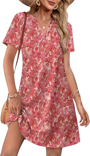 Image of WIHOLL Summer Dresses for Women Casual V Neck Wedding Guest Dress Hawaiian Midi Dress Fashion Beach Vacation Clothes