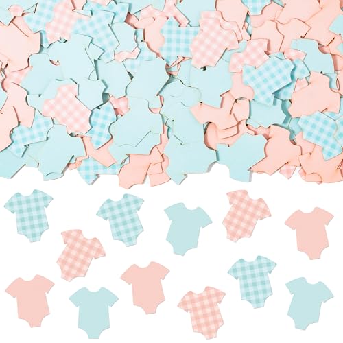 Image of BeYumi Baby Shower Table Confetti - 300Pcs Blue Pink Short-Sleeve Bodysuits Table Confetti Decorations Plaid Baby Outfit Scatter Paper Decor for Baby Girls Boys Gender Reveal Birthday Party Supplies