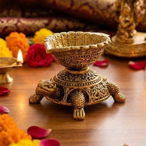 Image of eCraftIndia Brass Turtle Tortoise Diya for Pooja Traditional Diya for Temple Home Decor Oil Lamp for Aarti Gift for Diwali