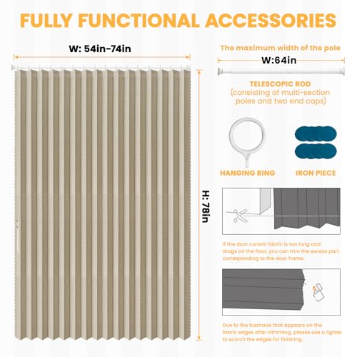 Image of AJAZZ Blackout Accordion Door with Curtain Rods Adjustable 28-63 inch Long Invisible Sliding Glass Door Curtain for Bedroom Living Room Doorway Curtain Sets (1 Pack, 72 W x 78 L, Cream Yellow)