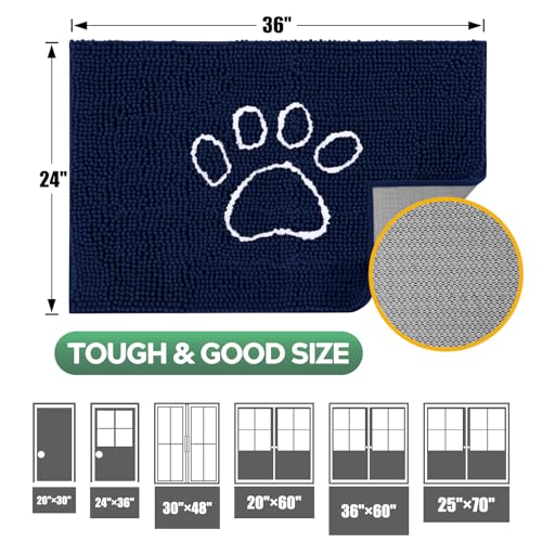 Dog Door Mat for Muddy Paws, Pet Rug Chenille Absorbent Outdoor Doormat 36"x 24", Non Slip Heavy Indoor Doormat Soft Front Inside Doormats for Entryway, Mud Paws, Patio,Dog Paw Navy Blue