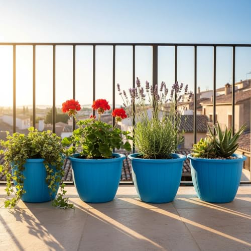 Image of Go Hooked Sunshine Flower Pot /Planters for Home Decor, Plastic Pots for Gardening /Home, Flower Pots Indoor-Outdoor & Planter for Plants (Blue) (Pack of 4)