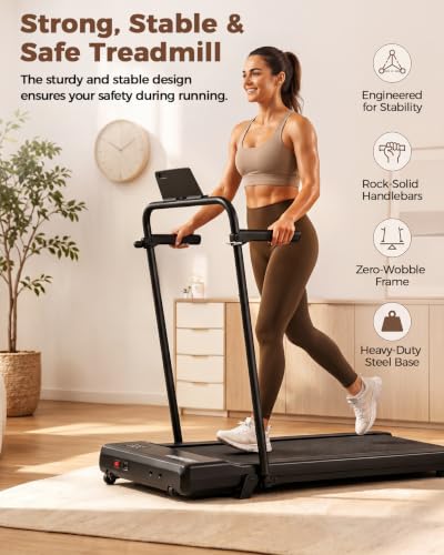 Image of Superun 3 in 1 Under Desk Treadmill with Handrails and Incline, Portable Folding Walking Pad for Home Office, 2.5 HP Quiet Mini Treadmill with LED Display & Remote, 300 Lbs Capacity, Black